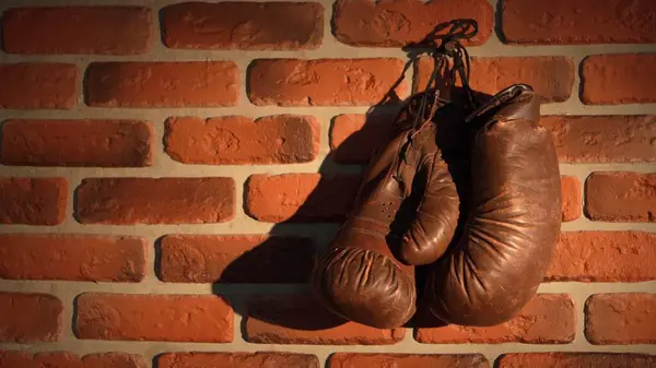 Close Shot Boxing Leather Gloves Nailed Red Brick Loft Wall — Stock Photo, Image