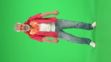 Yaratıcı yaşlılar konsepti. Chroma 'daki kıdemli hipsterin tüm vücut portresi yeşil ekranda, çiçek çelenkli adam kamerayla konuşuyor, motive edici konuşma yapıyor. Reklam alanı, çalışma alanı modeli. Dikey video.