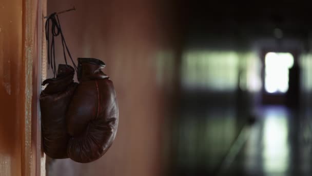 Primer Plano Disparo Guantes Boxeo Cuero Marrón Cuelgan Cordón Clavo — Vídeo de stock