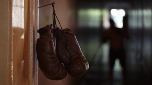 Skottet Visar Närbild Spik Vilken Boxning Bruna Handskar Hänger Bakgrunden — Stockvideo