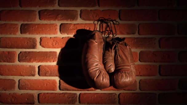 Výstřel Ukazuje Zblízka Cihlovou Zeď Hřebíkem Kterém Visí Boxerské Hnědé — Stock video