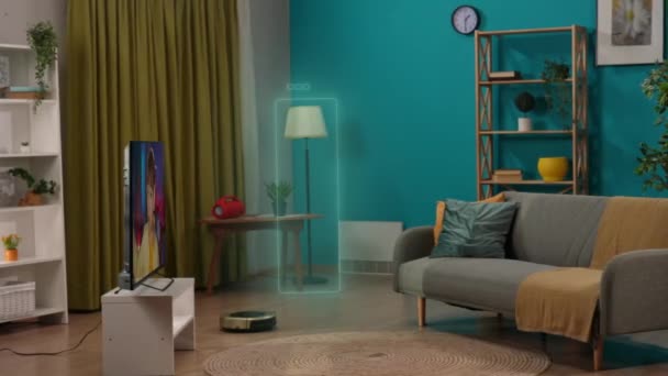 똑똑한 창조적인 인간의 참여없이 현대적인 장치와 아파트 보이는 디지털 인포그래픽 — 비디오