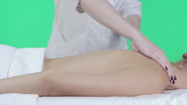 Reclameconcept Voor Body Tonus Schoonheidskliniek Kamer Vrouw Liggend Massagetafel Chroma — Stockvideo