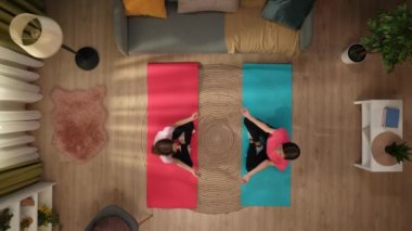 Yukarıdaki karede, bir kadın ve çocuk spor paspasının üzerinde bir odada oturuyorlar. Yoga pozu verirken birbirlerine bakıp meditasyon yapıyorlardı. Sakin ve dengeli bir şekilde iletişim kuruyorlar..