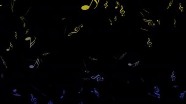 Koyu bir arkaplana yakın çekimde, çok renkli notalar ve üç düğmeli anahtar resmedilmiş, sanki düşüyormuş gibi süzülüyorlar. Soyutlama, yaratıcılık, sanat. Melodi, müzik, şarkı.