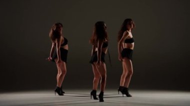 Stüdyoda dans eden bir grup kadın. Sade gölgeli arka plan, spot ışıkları. Siyah seksi kostüm, yüksek topuklu ayakkabı. Modern şehvetli koreografi. Tam boy. Reklam videosu veya reklamı.