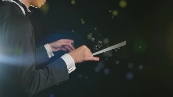 Close Shot Man Tuxedo Stands Black Background Conductor Conducts Baton — Stock Video