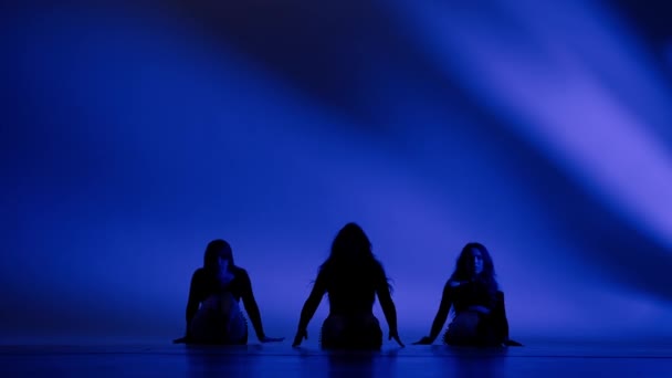 Drie Vrouwen Silhouetten Dansen Met Hoge Hakken Een Studio Blauw — Stockvideo