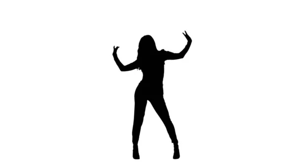 女人的轮廓 女性人物的高跟鞋在工作室里跳舞 白色孤立的背景 高跟鞋上的性感舞 现代感官舞蹈编排 全身而退促销短片或广告 — 图库照片