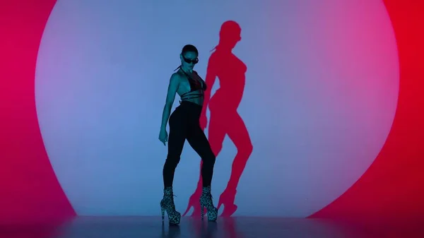 现代舞风格创意广告理念 女舞蹈家的画像 穿着高跟鞋的女舞蹈演员站在那里 看着镜头中的粉色霓虹灯 在五彩缤纷的背景下被隔离 — 图库照片