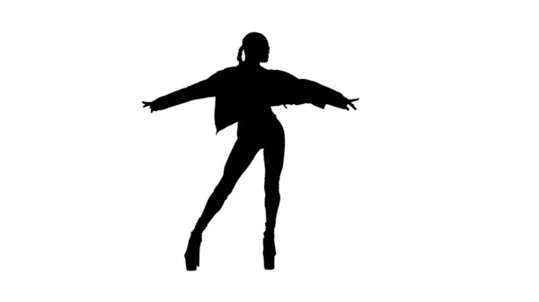 现代舞风格创意广告理念 女舞蹈家的画像 引人注目的高跟鞋女舞蹈演员的轮廓在镜头前摆姿势 在白色背景下与阿尔法频道隔离 — 图库照片