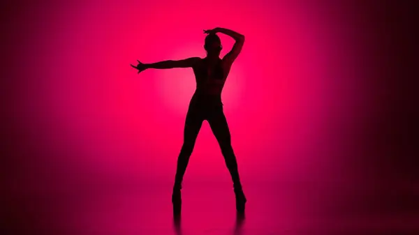 現代ダンススタイルのクリエイティブ広告コンセプト 女性ダンサーの肖像画 エレクトリックピンクのスポットライトでスタジオに立っている高ヒールの女性ダンサーのシルエット カラフルな背景で孤立 — ストック写真