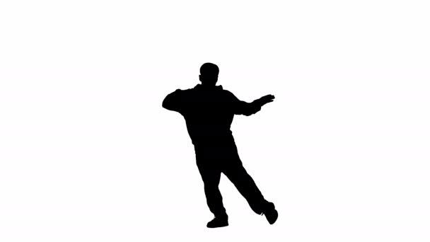 Frame White Background Dances Man Silhouette Demonstrates Various Dance Moves — Stock Video