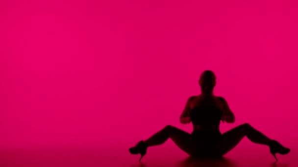 Het Frame Een Vrouw Zit Silhouet Tegen Een Roze Achtergrond — Stockvideo