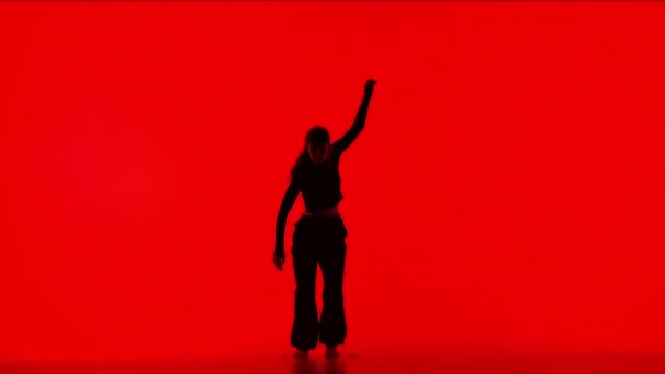 现代编舞和舞蹈风格的创意理念 女舞蹈家的画像 演播室里穿着黑色服装的迷人女孩形象 现代舞中的红色背景元素 — 图库视频影像