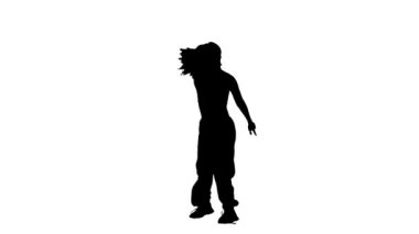 Modern koreografi ve dans stili yaratıcı konsept. Kadın dansçı portresi. Genç kadın siyah siluet dans eden caz funk modern dans koreografisi, beyaz arka planda izole alfa kanalı.