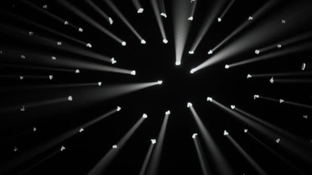 舞台灯光和科技广告的概念 专业灯光装置的特写 演播室的黑色背景 点缀着许多白光的圆点 聚光灯和探照灯 — 图库视频影像