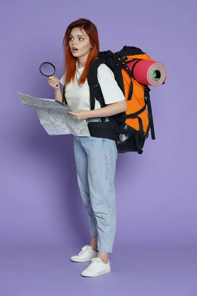 Tourism Active Free Time Advertisement Concept Portrait Girl Traveler Woman — Stock Photo, Image