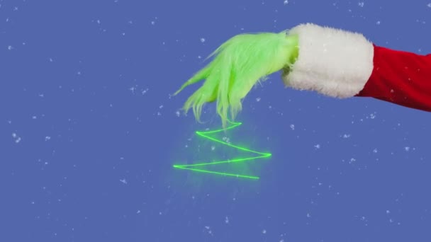 Groene Harige Grinch Hand Kerstboom Grafiek Geïsoleerde Blauwe Achtergrond Een — Stockvideo