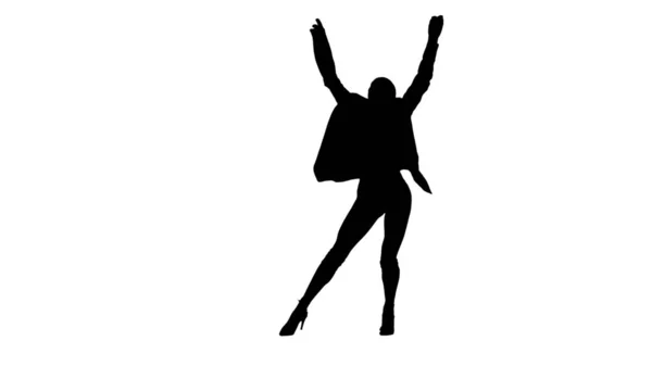 在图片的一个白色背景上的轮廓 一个年轻而纤细的女人 舞姿向高跟鞋的方向舞动 她穿着一件夹克 它的节奏 中型框架 — 图库照片