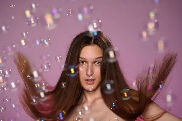 Portrait Seminude Woman Long Hair Surrounded Soap Bubbles Closeup Woman — Stock Photo, Image
