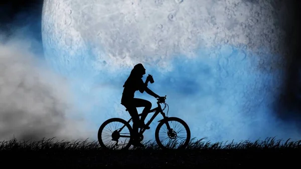 Silueta Una Niña Montando Una Bicicleta Sobre Fondo Una Luna —  Fotos de Stock