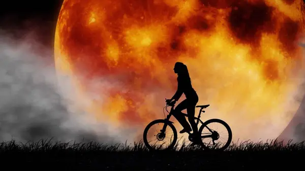 Silhouette Eines Mädchens Auf Einem Fahrrad Vor Dem Hintergrund Eines — Stockfoto