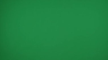 Yeşil arka plandaki çerçevede, topal anahtar kadın elleri düz, boş kağıt yaprakları, sarı ve turuncu. Onları kaldırdı ve kameraya gösterdi. Orta çerçeve.