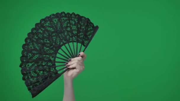 Rámečku Zeleném Pozadí Drží Chromovaná Ženská Ruka Manikúrou Černý Otevřený — Stock video
