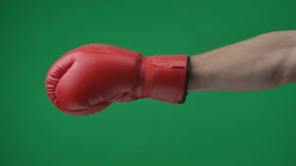 Shot Close Green Background Chromed Man Red Leather Boxing Glove — Stock Photo, Image