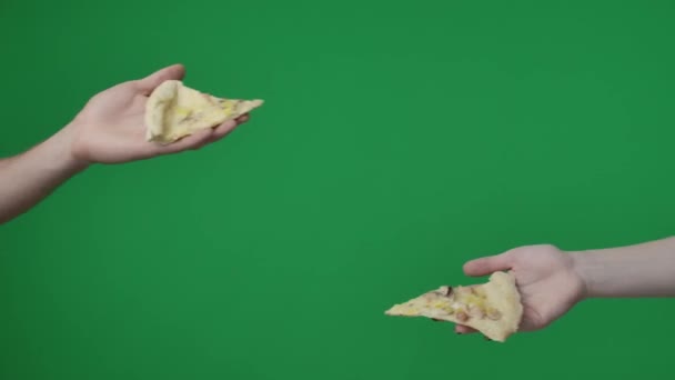 Close Shot Green Chromakey Background Womans Mans Hand Holding Slices — Stock Video