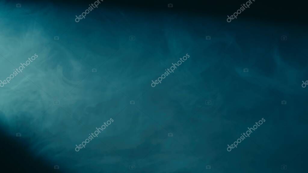 Abstract background of chaotically blending puffs of blue smoke on a black background. Realistic fog in blue neon light close up. Texture and abstract art. Copy space