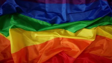 Üst görünüm iki erkeğin birbirine uzanan iki elini karenin zıt köşelerinden nazikçe birbirine dokunurken çeker. Arka planda LGBT bayrağı var. Eğitim içeriği, eşitlik, gurur.
