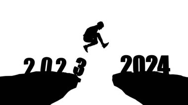 Siluet uçurumun üzerinden taşlarla 2024 uçurumuna atlıyor. Yeni yıl konsepti. 2023 sonsuzluğa düşer. Hoş geldin 2024. İnsanlar 2024 yılına giriyor, yaratıcı fikir.