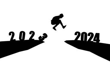 Siluet uçurumun üzerinden taşlarla 2024 uçurumuna atlıyor. Yeni yıl konsepti. 2023 sonsuzluğa düşer. Hoş geldin 2024. İnsanlar 2024 yılına giriyor, yaratıcı fikir.