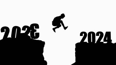 Siluet uçurumun üzerinden taşlarla 2024 uçurumuna atlıyor. Yeni yıl konsepti. 2023 sonsuzluğa düşer. Hoş geldin 2024. İnsanlar 2024 yılına giriyor, yaratıcı fikir.