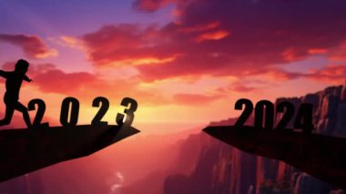 2024 no 'lu uçurumdan atlayan bir adam, gün batımında taşlarla birlikte. Yeni yıl konsepti. Hoş geldin 2024. İnsanlar 2024 yılına giriyor, yaratıcı fikir.