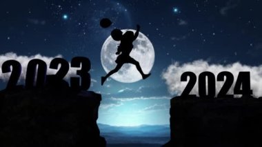 Küçük kız uçurumun üzerinden gece gökyüzü ve ayın zemininde taşlarla 2024 uçurumuna atlıyor. Yeni yıl konsepti. 2023 sonsuzluğa düşer. Hoş geldin 2024. İnsanlar seneye giriyor.