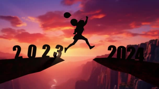 Человек Прыгающий Скале 2024 Через Пропасть Камнями Удивительном Закате Новогодняя — стоковое видео