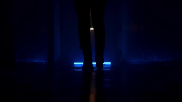 シルエットの女性は暗い廊下を歩いています 低地から撮影 ブルーライト — ストック動画