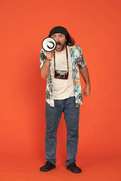 Male Traveler Standing Full Length Talking Megaphone Man Camera His — Stock Photo, Image