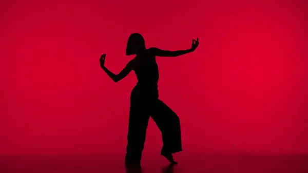 Frame Red Background Silhouette Dances Slender Beautiful Girl Demonstrates Dance — Stock Photo, Image