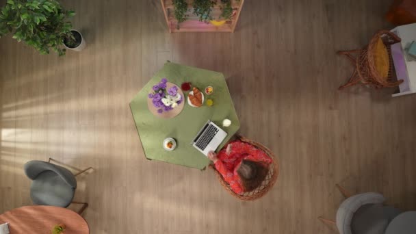 在顶部的框架是坐在桌旁的咖啡馆里一个年轻的女孩 她通过笔记本电脑上的视频交流描述了一段对话 并做了手势 桌上有甜点 还有一杯果汁 — 图库视频影像