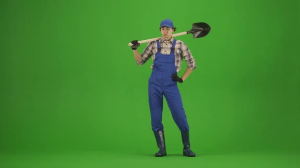 Gardening Agriculture Advertisement Concept Portrait Male Overalls Rubber Boots Chroma — Stock Video