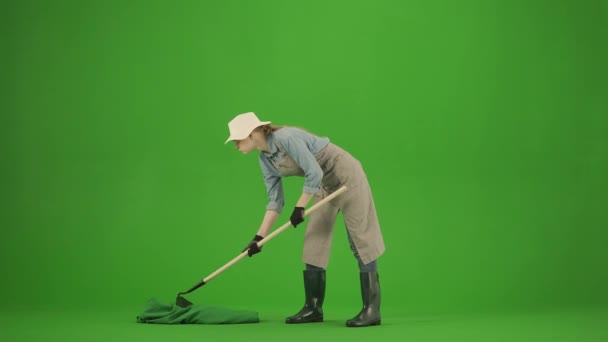 Gardening Agriculture Advertisement Concept Portrait Female Apron Rubber Boots Chroma — Stock Video