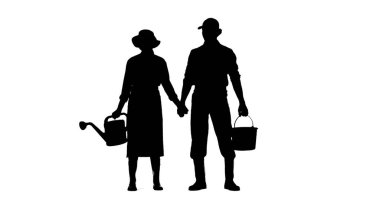 Çiftçilik ve bahçıvanlık yaratıcı konsepti. Beyaz arka planda alfa kanallı bir çiftçinin portresi. Sulama tenekesi ve kovayla el ele tutuşan kadın ve erkeğin silueti..