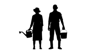 Bahçıvanlık ve tarım reklamları konsepti. Çiftçilerin portresi. Kovalı ve sulama tenekeli kadın ve erkek bahçıvanların silueti. Beyaz arkaplan alfa kanalında izole edildi.