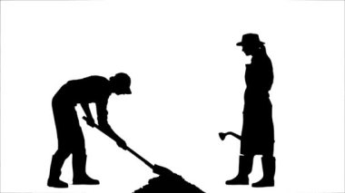 Bahçıvanlık ve tarım reklamları konsepti. Çiftçilerin portresi. Erkek ve kadın bahçıvanların silueti bir ağaç dikip konserve sularken. Beyaz arkaplan alfa kanalında izole edildi.