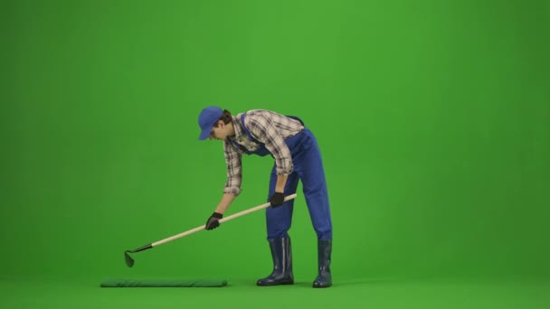 Reclameconcept Voor Tuin Landbouw Portret Van Een Man Overalls Rubberen — Stockvideo