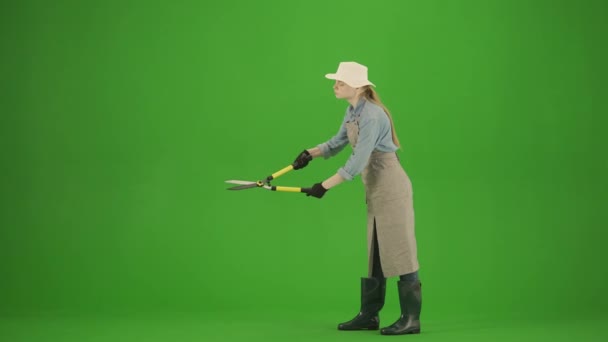 园艺和农业广告的概念 女性穿着围裙和橡胶靴的肖像出现在色键绿色屏幕上 女园艺师用特殊的园艺刀修剪灌木丛 观察结果 — 图库视频影像
